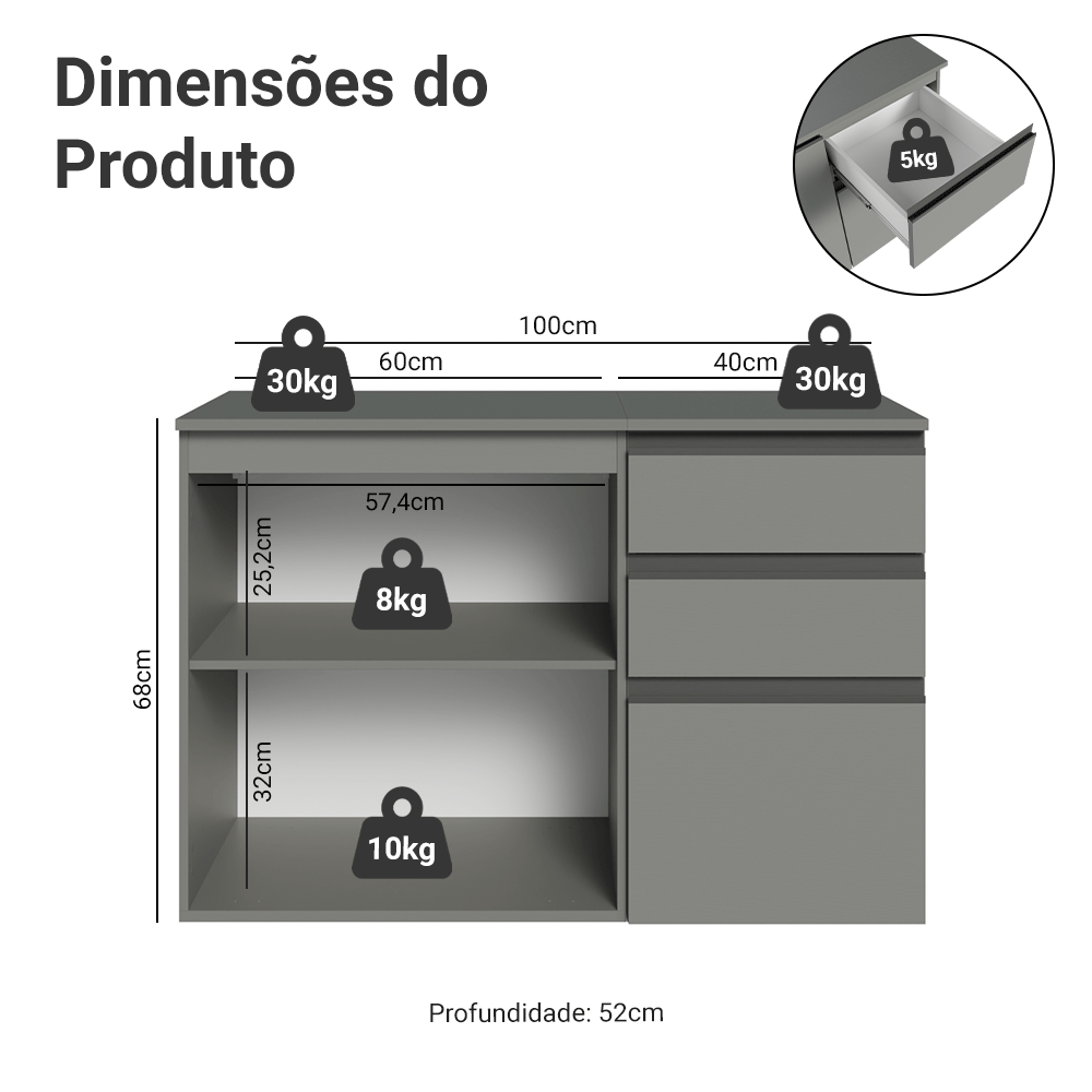 Gabinete Suspenso para Banheiro 100cm 1 Porta 3 Gavetas Cinza Nice Madesa 03