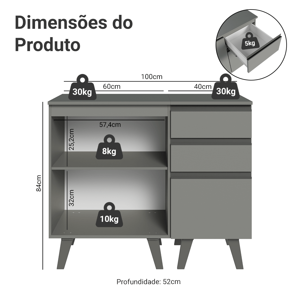 Gabinete para Banheiro 100cm 1 Porta 3 Gavetas Cinza Nice Madesa 04