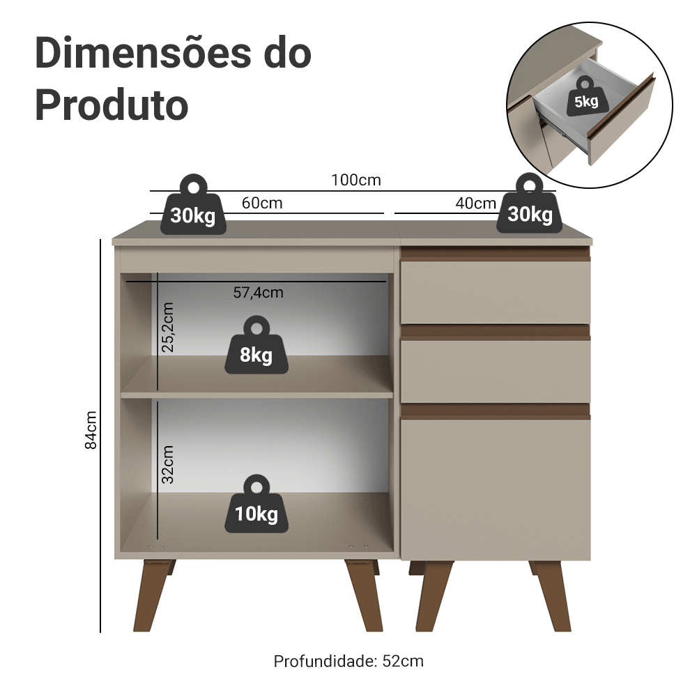 Gabinete para Banheiro 100cm 1 Porta 3 Gavetas Crema Nice Madesa 04