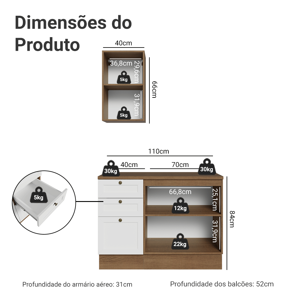 Conjunto Gabinete para Banheiro 110cm 3 Gavetas 3 Portas Rustic/Branco Vik Madesa 01