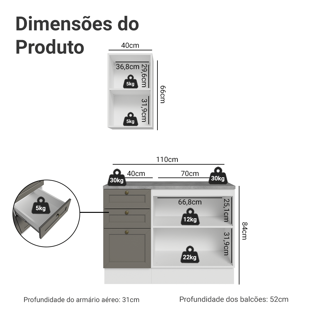 Conjunto Gabinete para Banheiro 110cm 3 Gavetas 3 Portas Branco/Cinza Vik Madesa 01
