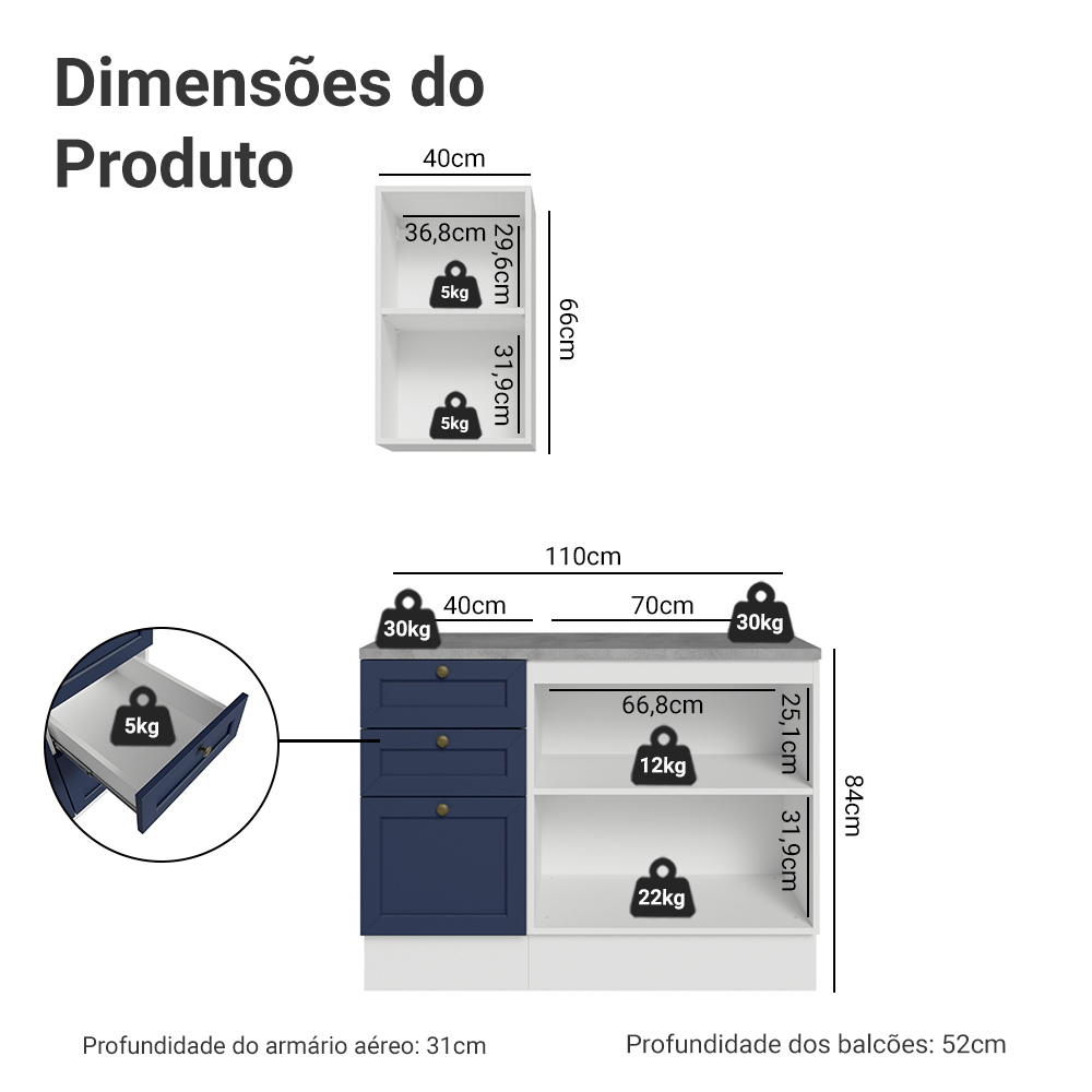 Conjunto Gabinete para Banheiro 110cm 3 Gavetas 3 Portas Branco/Azul Vik Madesa 01