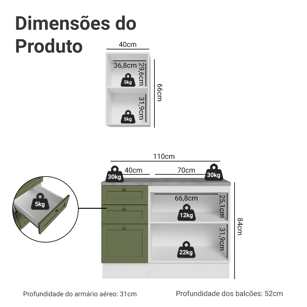 Conjunto Gabinete para Banheiro 110cm 3 Gavetas 3 Portas Branco/Verde Vik Madesa 01