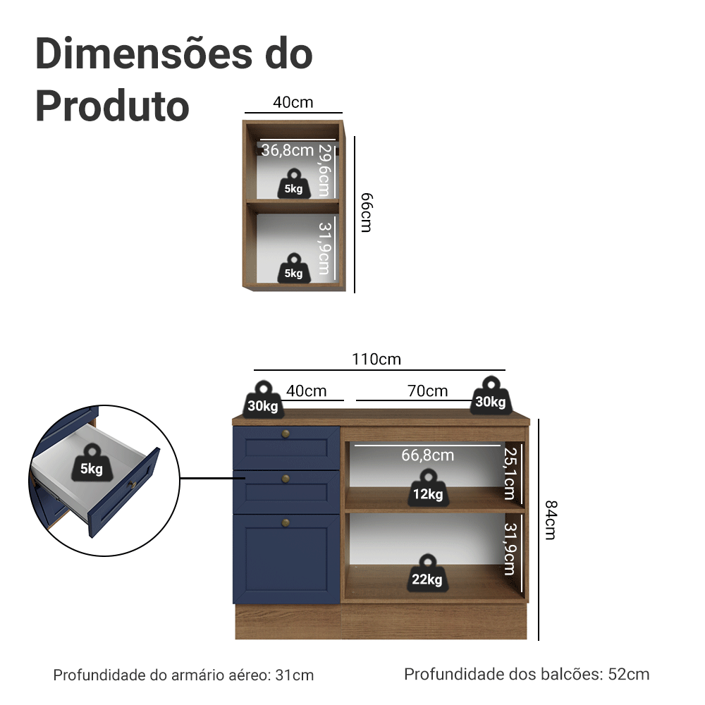 Conjunto Gabinete para Banheiro 110cm 3 Gavetas 3 Portas Rustic/Azul Vik Madesa 01