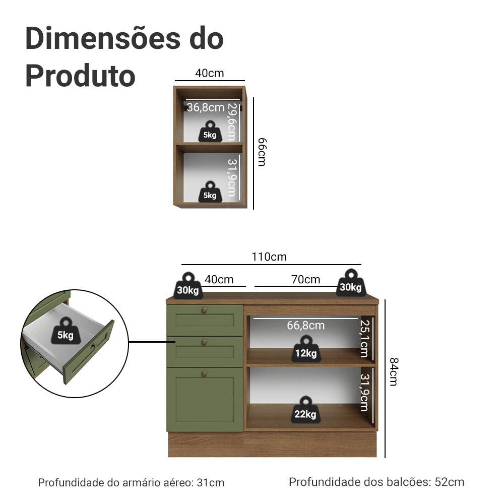 Conjunto Gabinete para Banheiro 110cm 3 Gavetas 3 Portas Rustic/Verde Vik Madesa 01