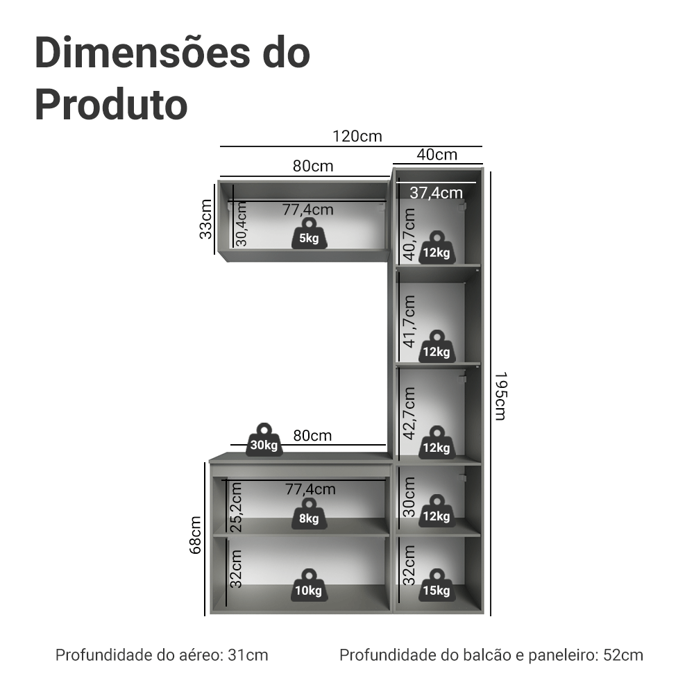 Conjunto Gabinete Suspenso para Banheiro 120cm 5 Portas Cinza Nice Madesa 02