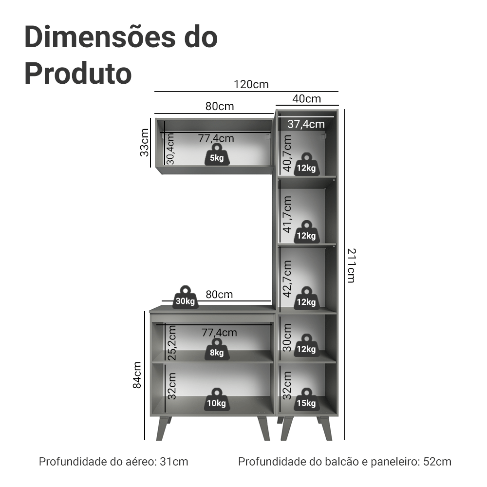 Conjunto Gabinete para Banheiro 120cm 5 Portas Cinza Nice Madesa 03