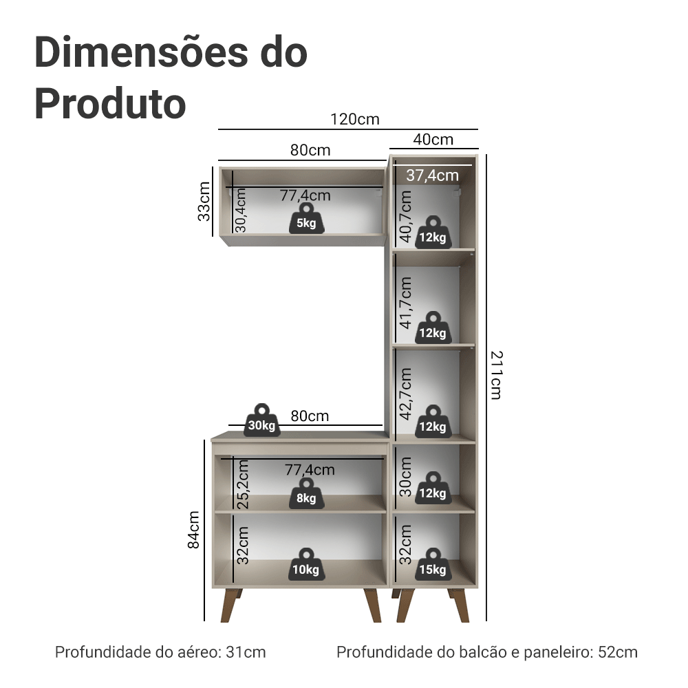 Conjunto Gabinete para Banheiro 120cm 5 Portas Crema Nice Madesa 03