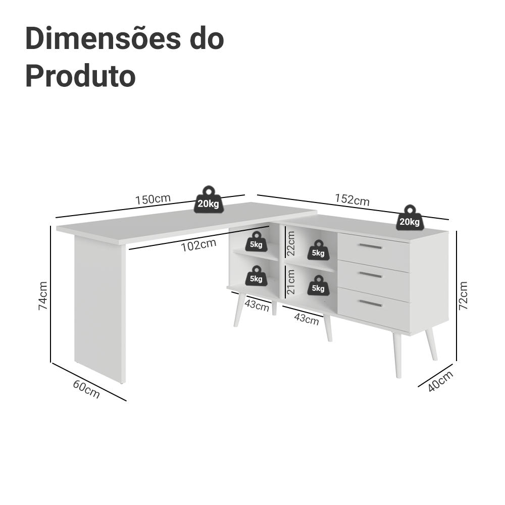 Escrivaninha Penteadeira de Canto 3 Gavetas Branco Madesa