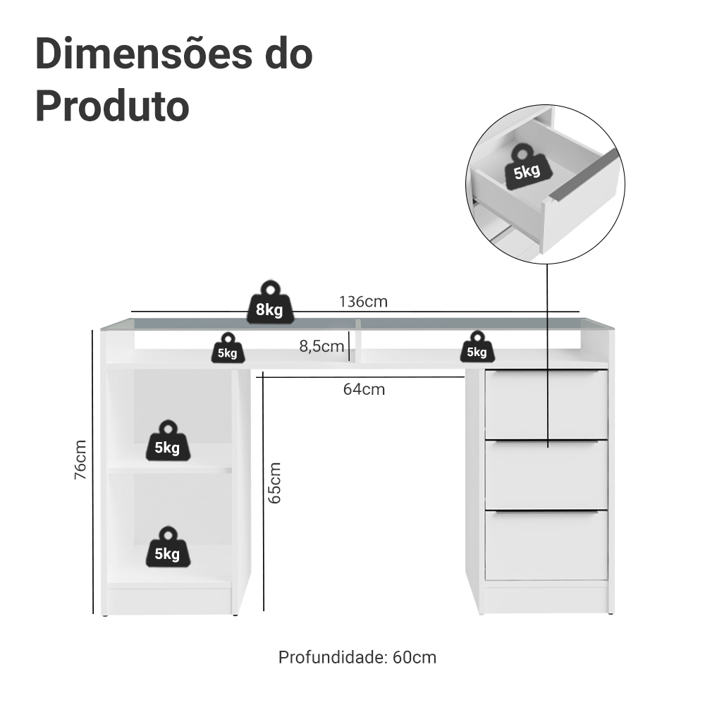 Escrivaninha Penteadeira 136cm 1 Porta 3 Gavetas Tampo de Vidro Branco Madesa