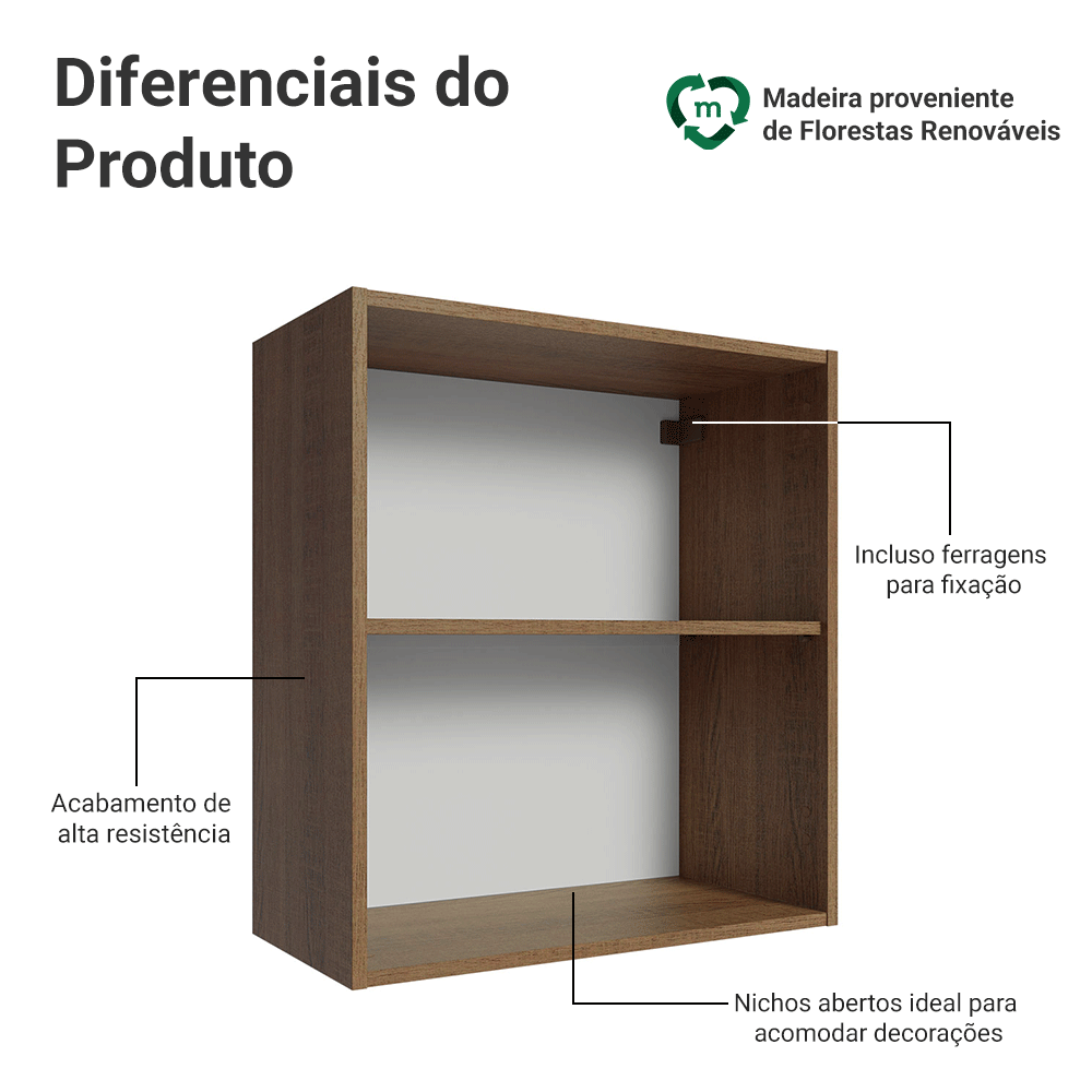 Armário Aéreo para Quarto 60 cm 2 Nichos Abertos Rustic Neo Madesa