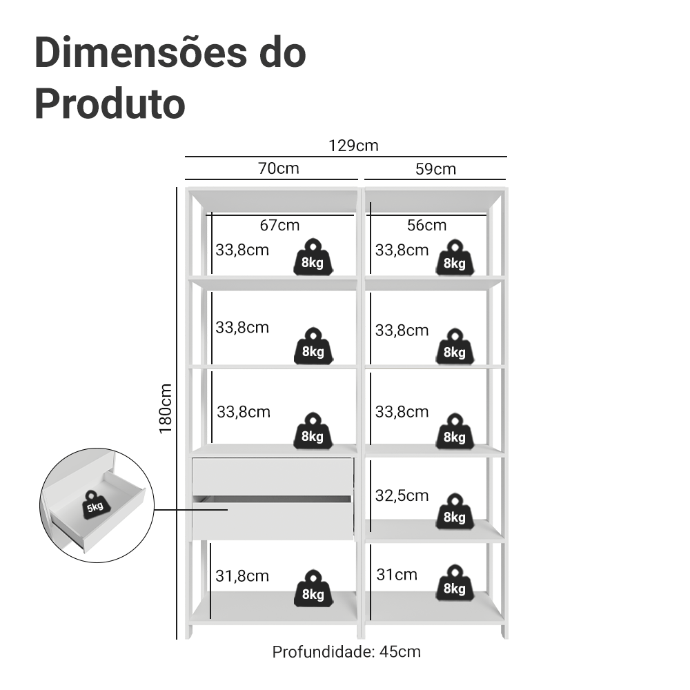 Guarda-Roupa Closet Modulado 2 Gavetas 9 Prateleiras 129 cm Branco Valencia Madesa