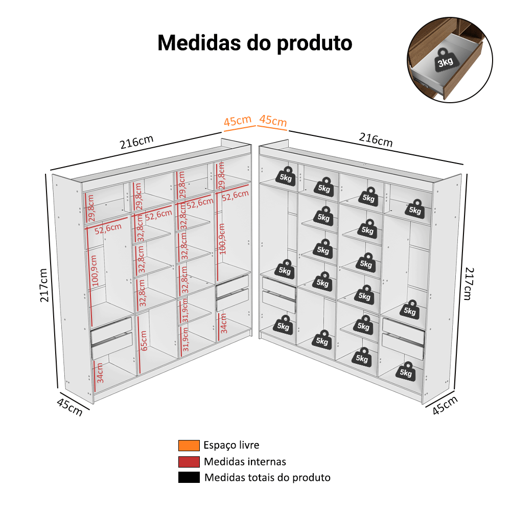 Guarda-Roupa Closet de Canto 522 cm 8 Gavetas Rustic Venus Madesa