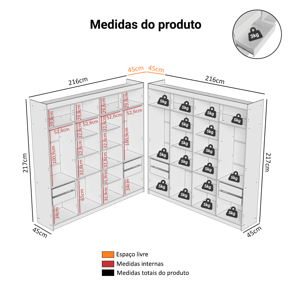 Guarda-Roupa Closet de Canto 522 cm 8 Gavetas Branco Venus Madesa