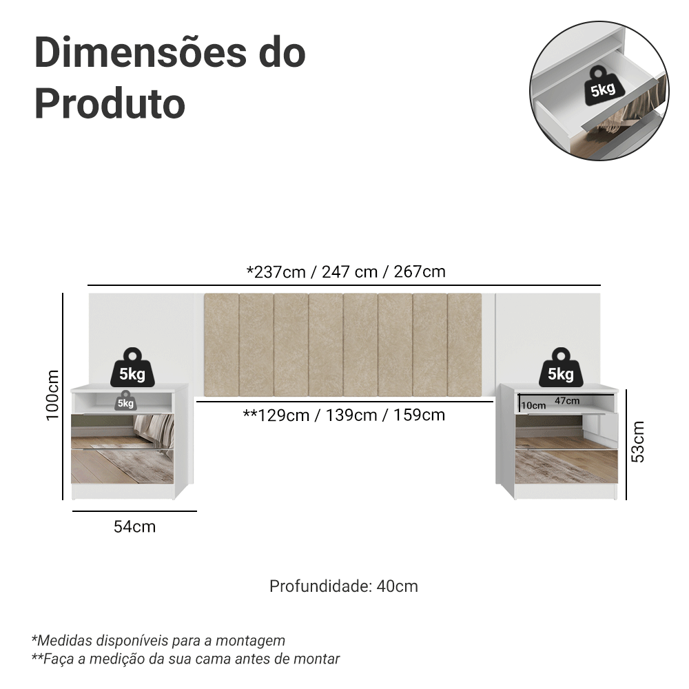 Cabeceira Extensível Estofada com 2 Mesas de Cabeceira Espelhadas Branco/Imperial Madesa