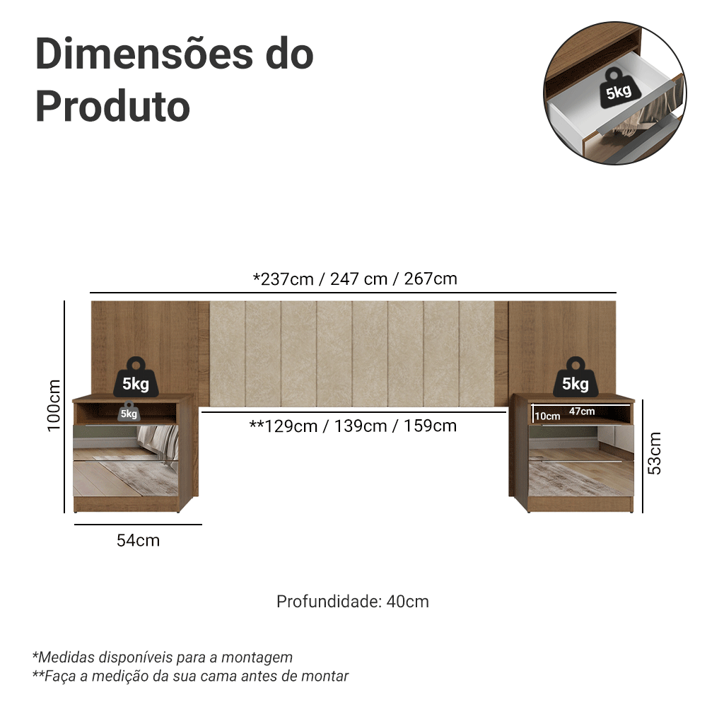 Cabeceira Extensível Estofada com 2 Mesas de Cabeceira Espelhadas Rustic/Imperial Madesa