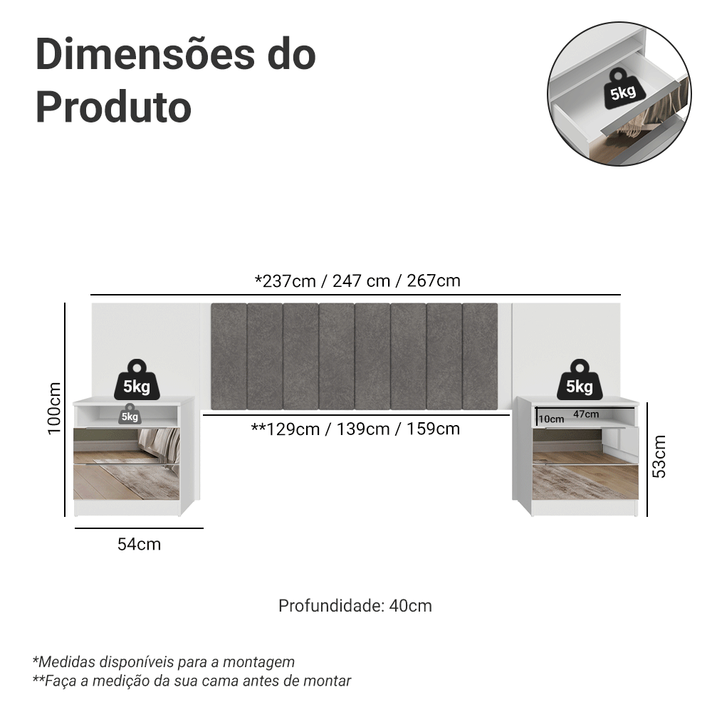 Cabeceira Extensível Estofada com 2 Mesas de Cabeceira Espelhadas Branco/Silver Madesa