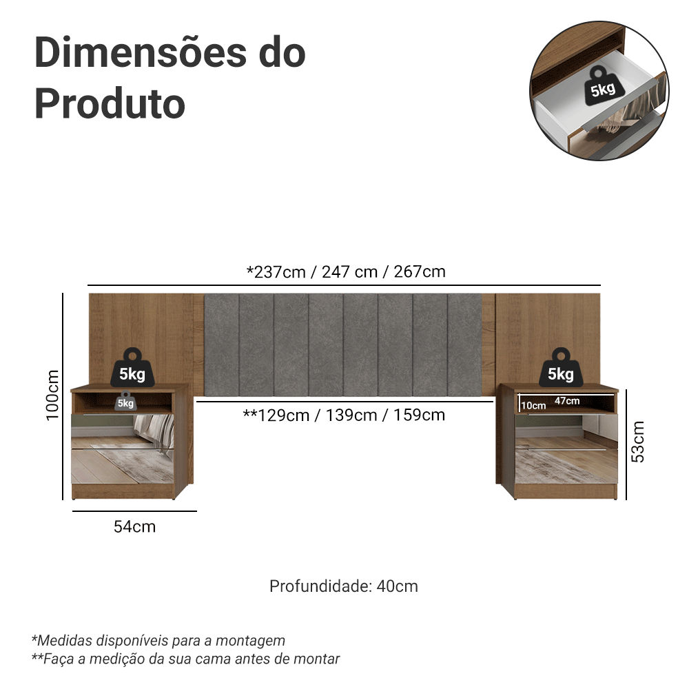 Cabeceira Extensível Estofada com 2 Mesas de Cabeceira Espelhadas Rustic/Silver Madesa