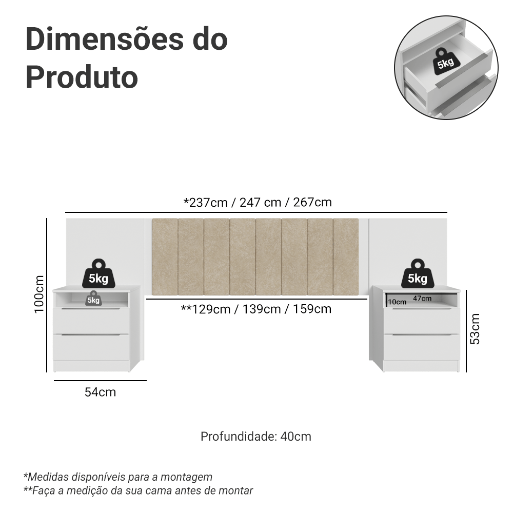 Cabeceira Extensível Estofada com 2 Mesas de Cabeceira Branco/Imperial Madesa