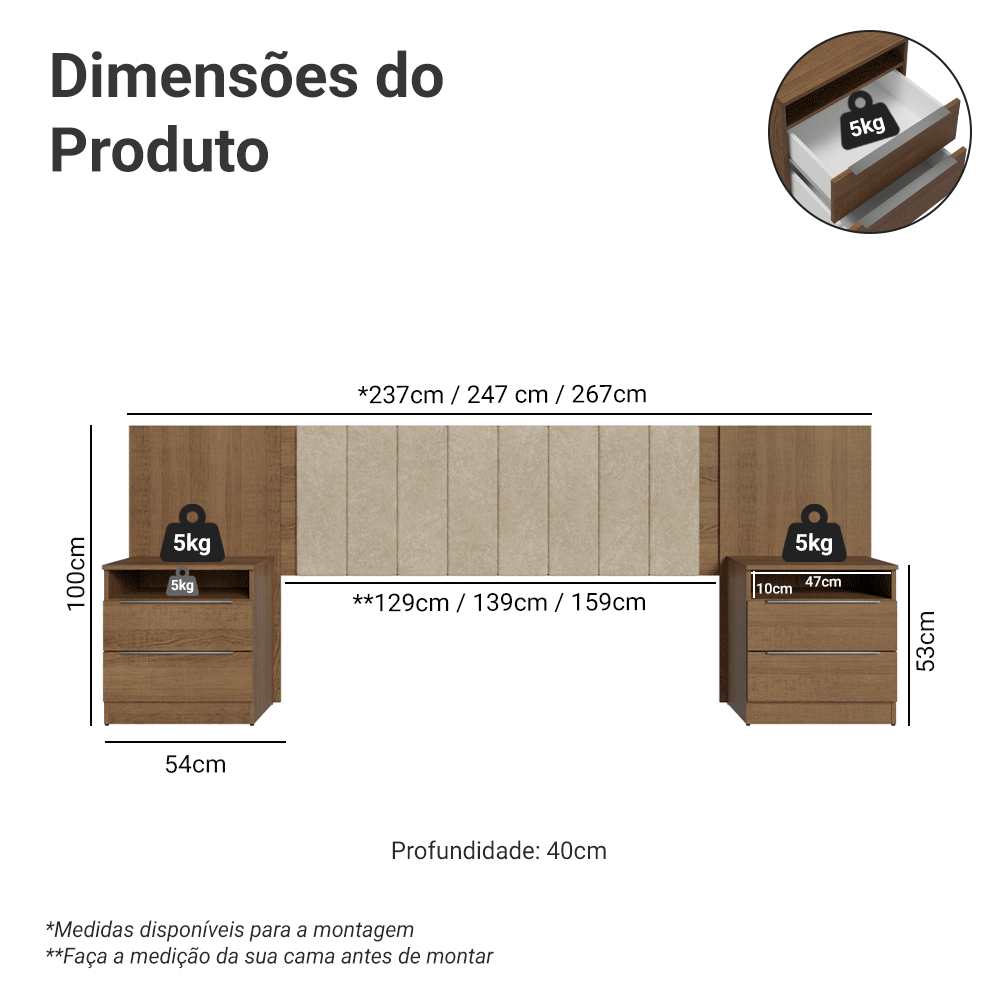 Cabeceira Extensível Estofada com 2 Mesas de Cabeceira Rustic/Imperial Madesa