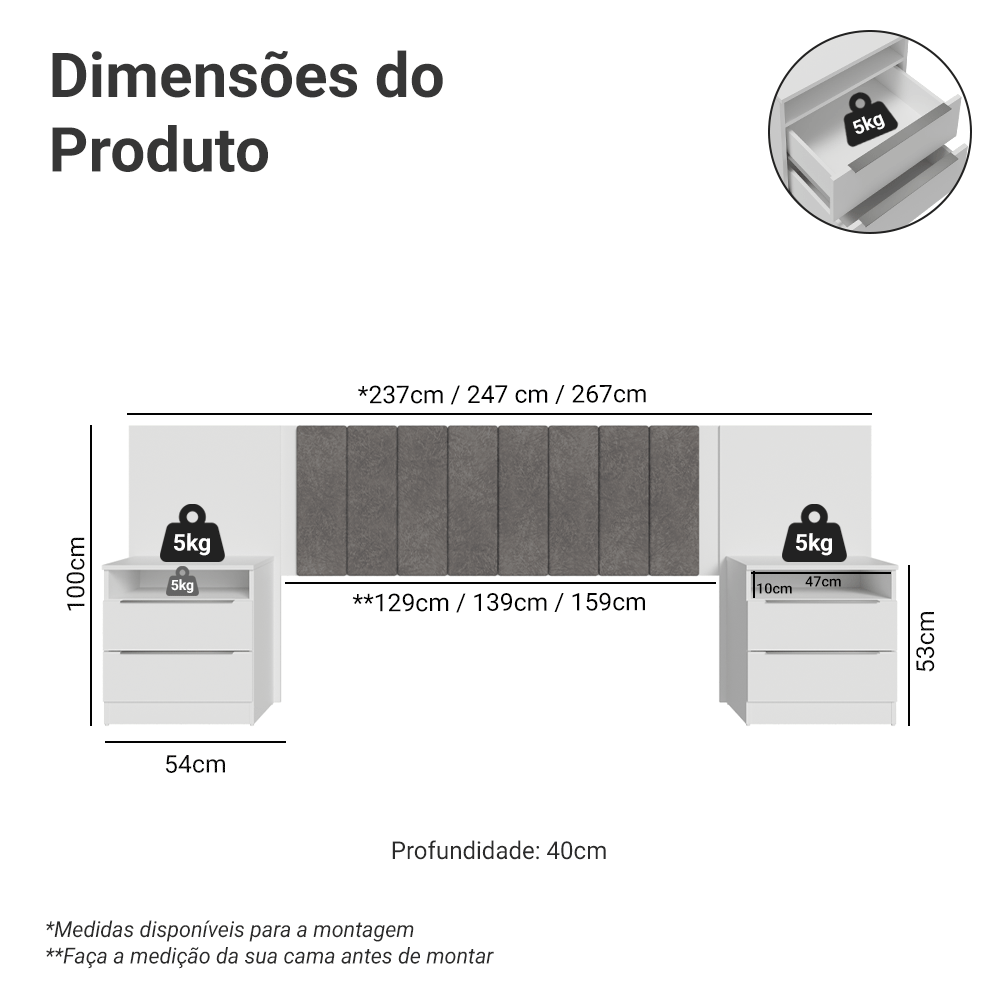 Cabeceira Extensível Estofada com 2 Mesas de Cabeceira Branco/Silver Madesa