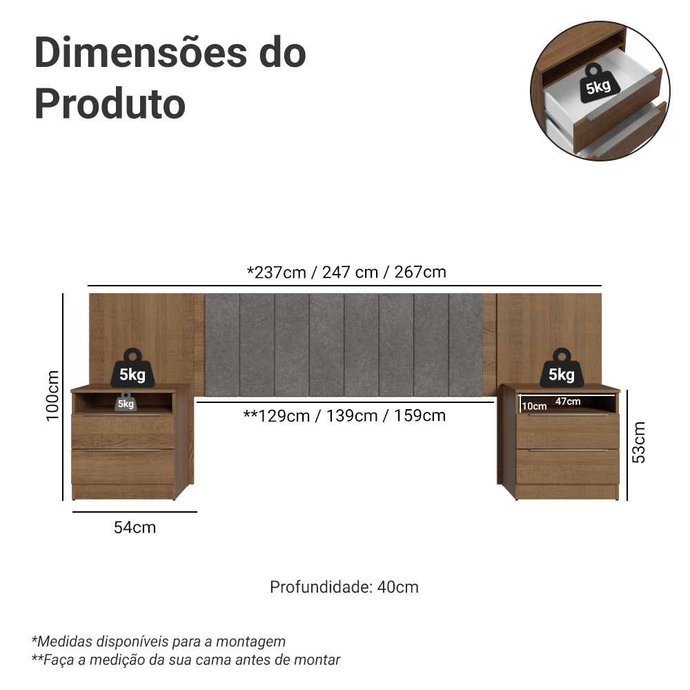 Cabeceira Extensível Estofada com 2 Mesas de Cabeceira Rustic/Silver Madesa
