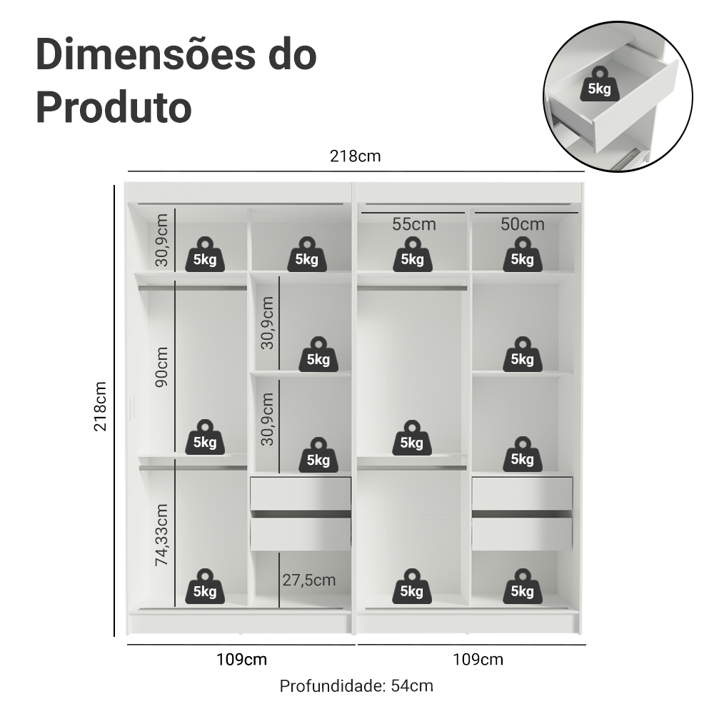 Conjunto 2 Guarda-Roupas 4 Portas de Correr com 4 Espelhos Branco Tokio Madesa