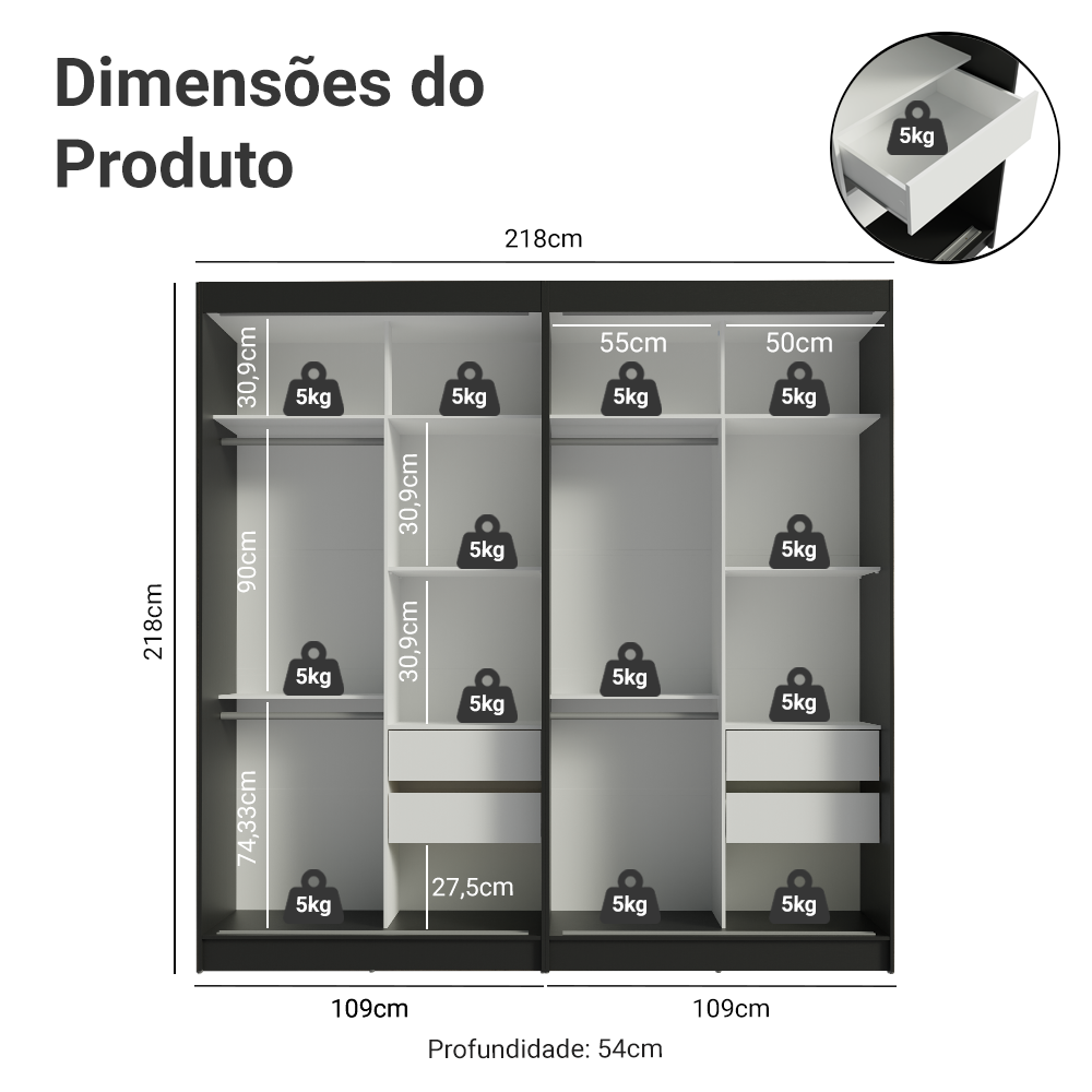 Conjunto 2 Guarda-Roupas 4 Portas de Correr com 4 Espelhos Preto Tokio Madesa