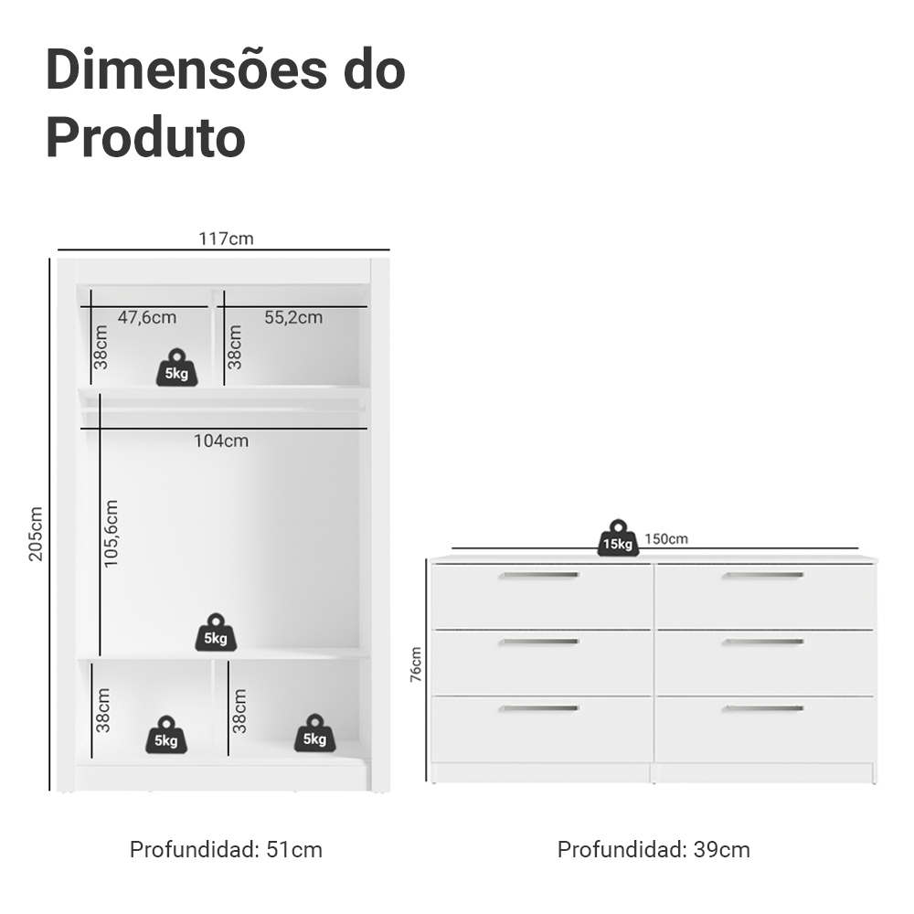 Conjunto Quarto Solteiro com Guarda-Roupa 2 Portas e Cômoda Branco Madesa