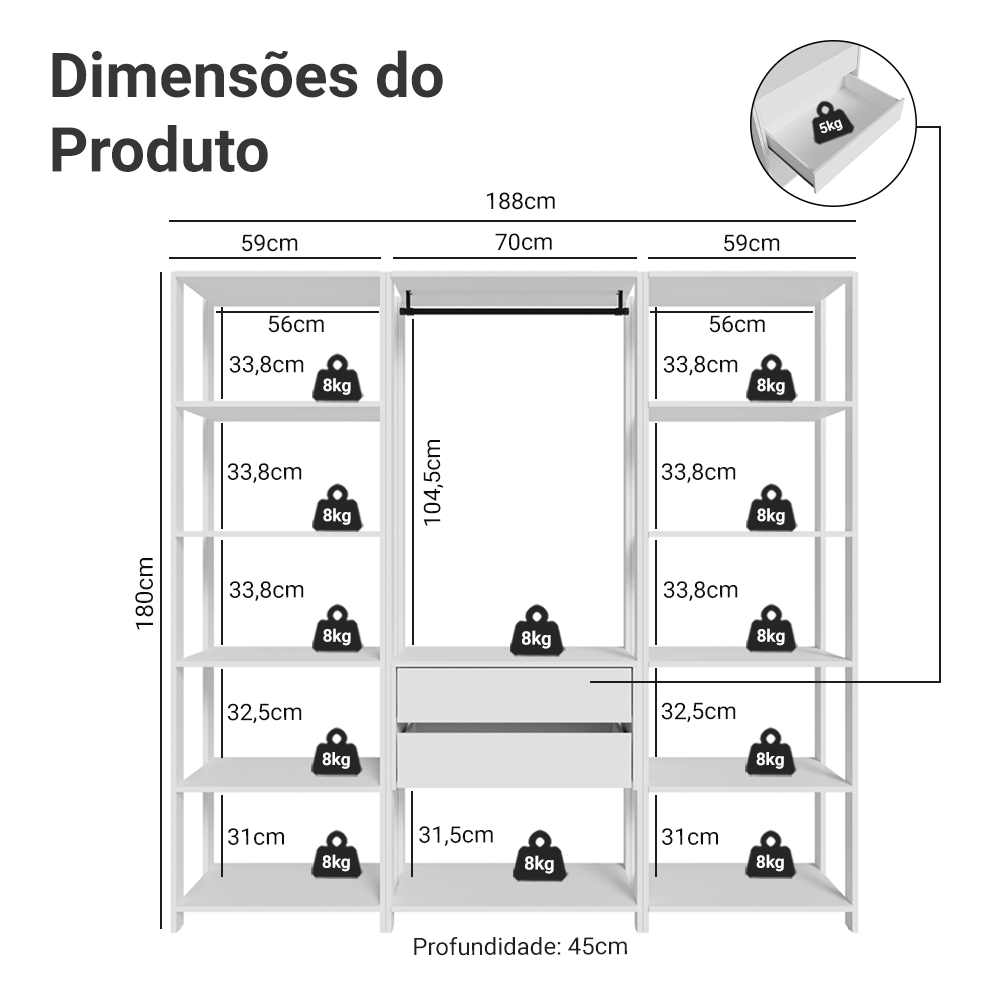 Guarda-Roupa Closet Modulado 2 Gavetas 188 cm Branco Valencia Madesa