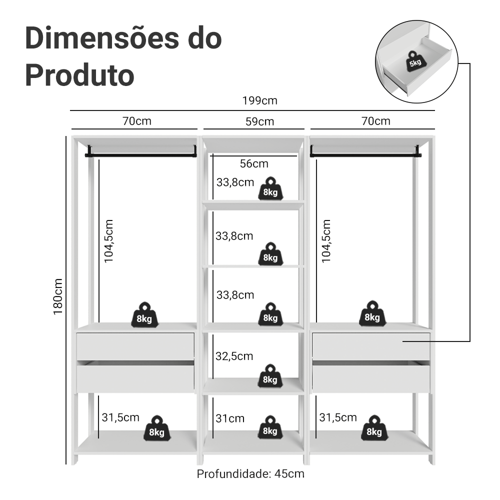 Guarda-Roupa Closet Modulado 4 Gavetas 199 cm Branco Valencia Madesa