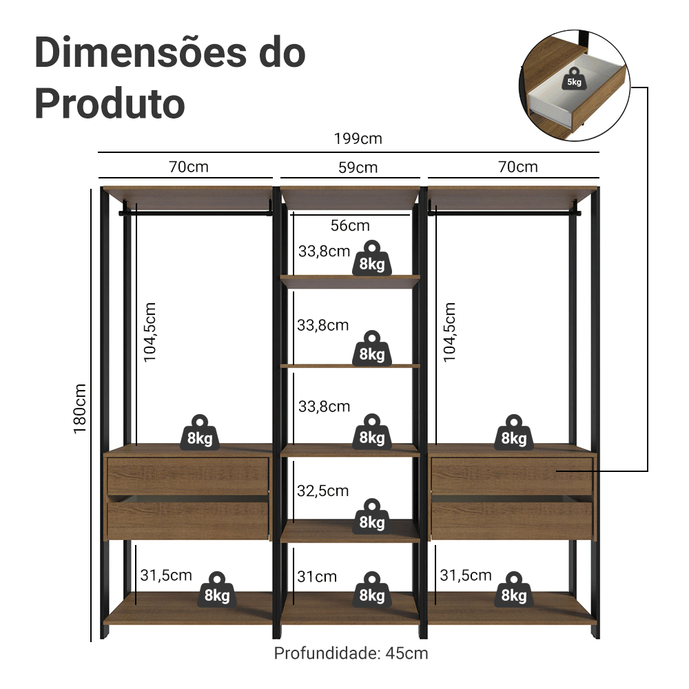 Guarda-Roupa Closet Modulado Valencia 4 Gavetas 199cm Rustic/Preto Madesa 02