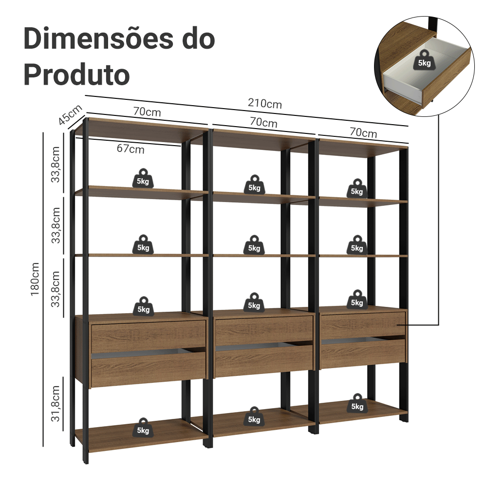 Guarda-Roupa Closet Modulado 6 Gavetas 12 Prateleiras 210cm Rustic/Preto Valencia Madesa