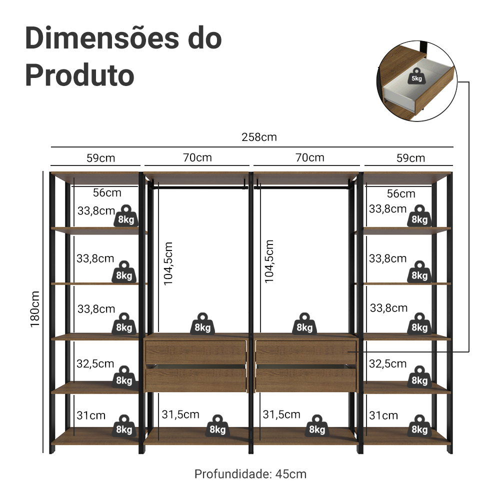 Guarda-Roupa Closet Modulado 4 Gavetas 258cm Rustic/Preto Madesa 01 Valencia