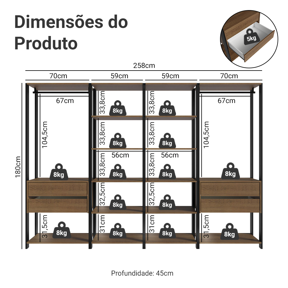 Guarda-Roupa Closet Modulado Valencia 4 Gavetas 258cm Rustic/Preto Madesa 02