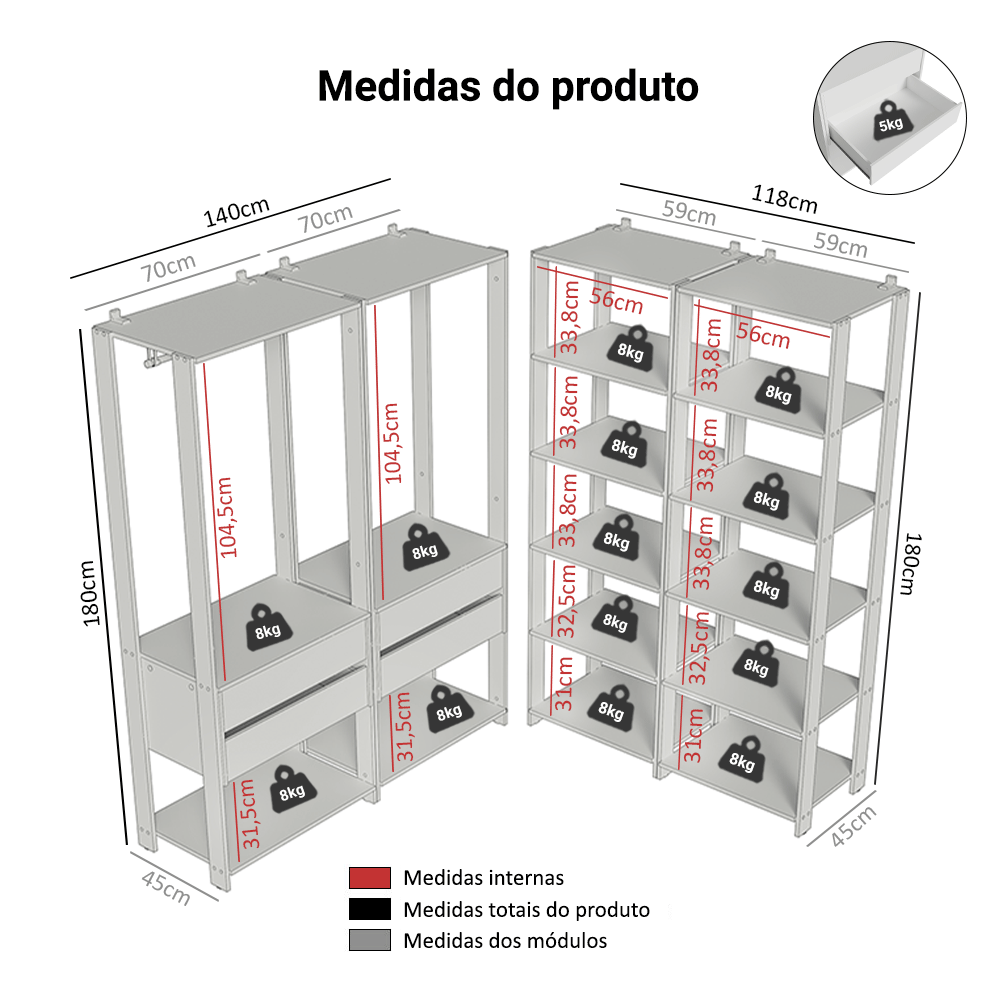 Guarda-Roupa Closet Modulado 4 Gavetas 258 cm Branco Valencia Madesa 03