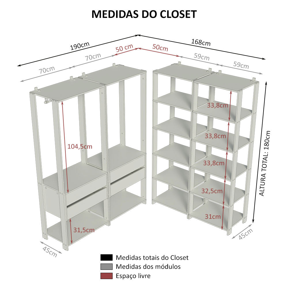 Guarda-Roupa Closet Modulado 4 Gavetas 258 cm Rustic/Preto Valencia Madesa 03