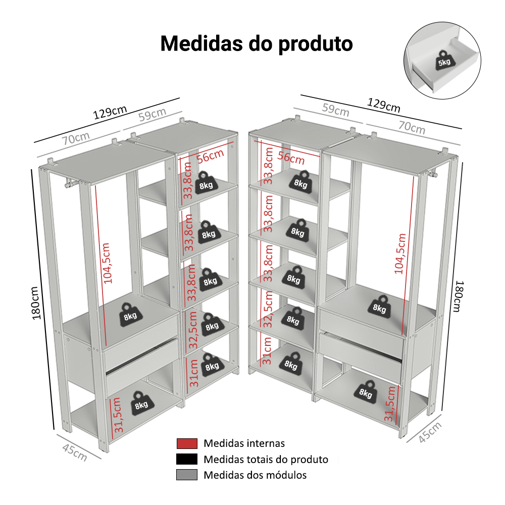 Guarda-Roupa Closet Modulado 4 Gavetas 258 cm Branco Valencia Madesa 04