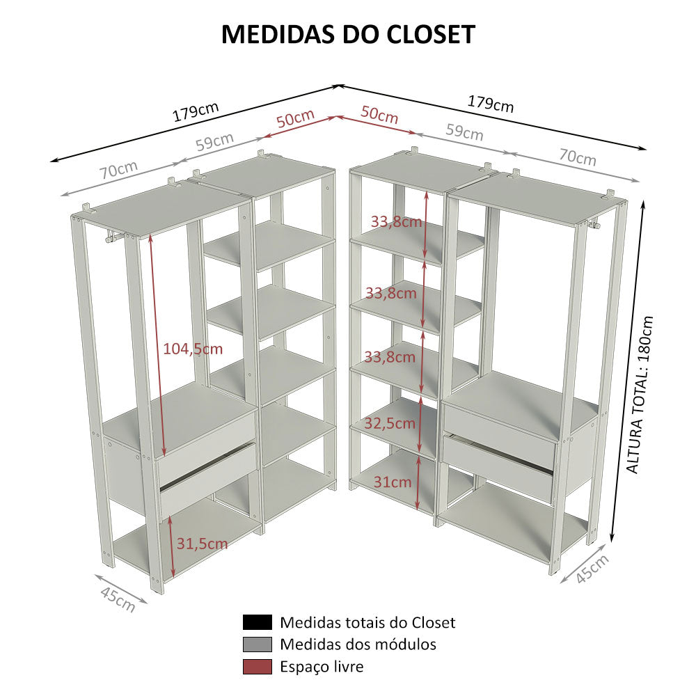 Guarda-Roupa Closet Modulado 4 Gavetas 258 cm Rustic/Preto Valencia Madesa 04