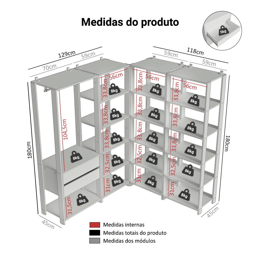 Guarda-Roupa Closet Modulado 2 Gavetas 247 cm Branco Valencia Madesa