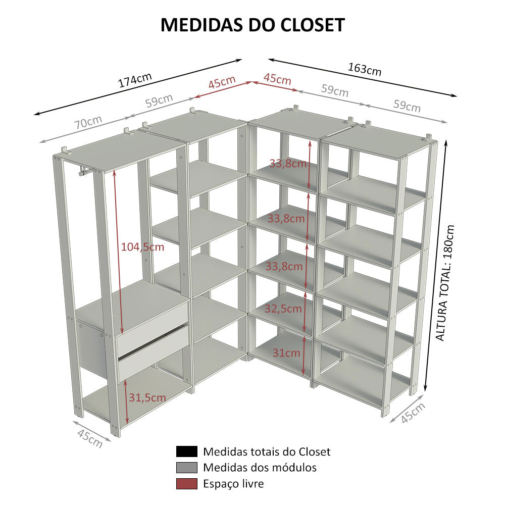 Guarda-Roupa Closet Modulado 2 Gavetas 247 cm Rustic/Preto Valencia Madesa