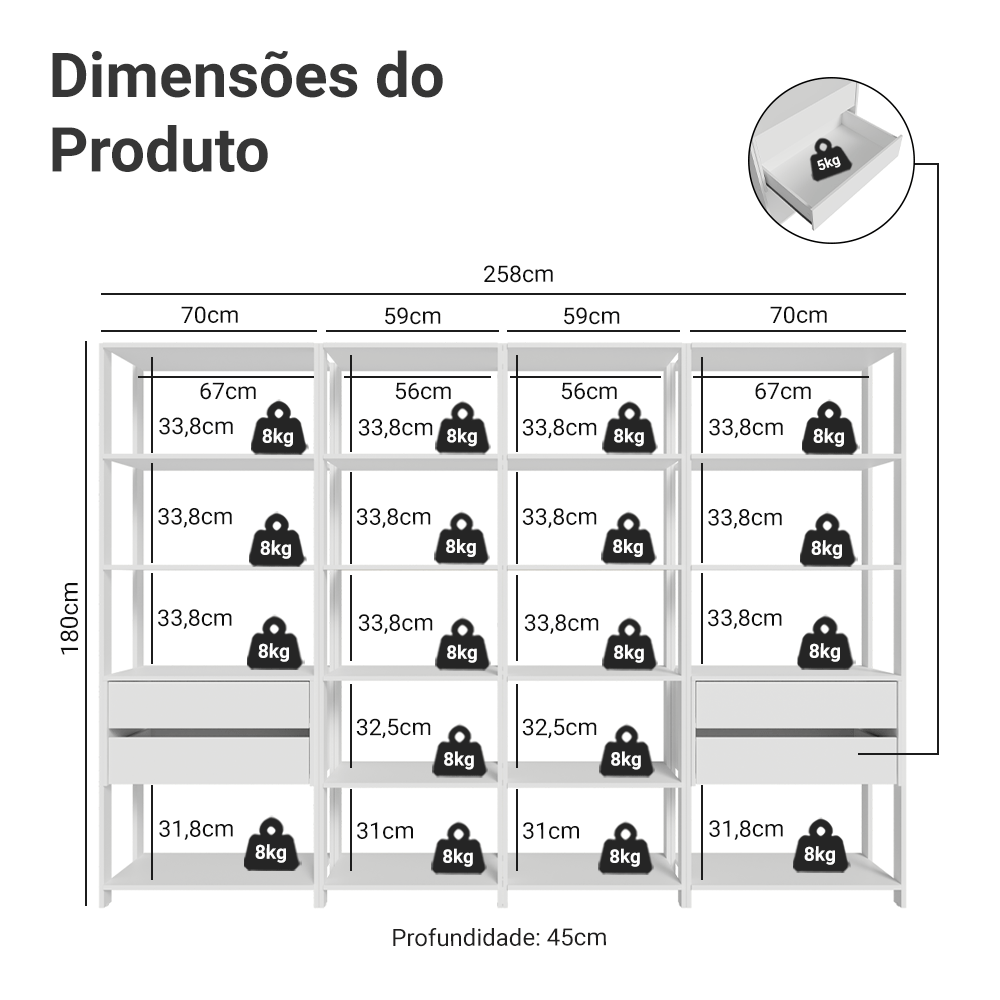 Guarda-Roupa Closet Modulado 4 Gavetas 258 cm Branco Valencia Madesa 06