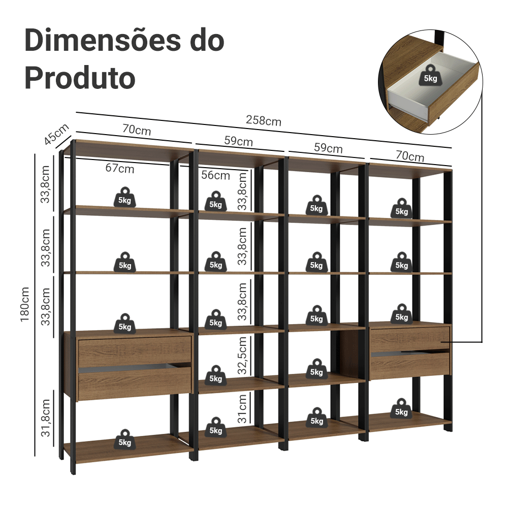 Guarda-Roupa Closet Modulado 4 Gavetas 18 Prateleiras 258cm Rustic/Preto Valencia Madesa