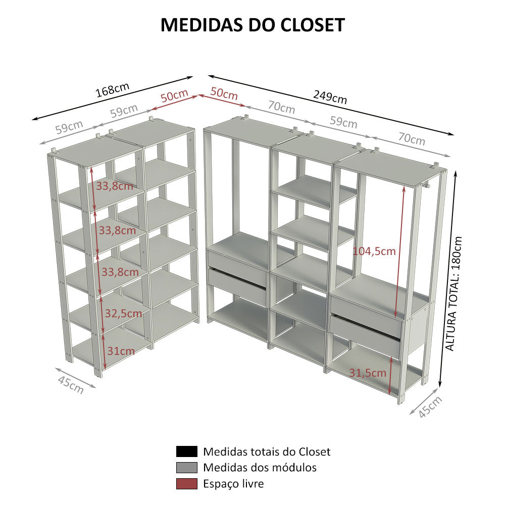 Guarda-Roupa Closet Modulado 4 Gavetas 317 cm Rustic/Preto Valencia Madesa