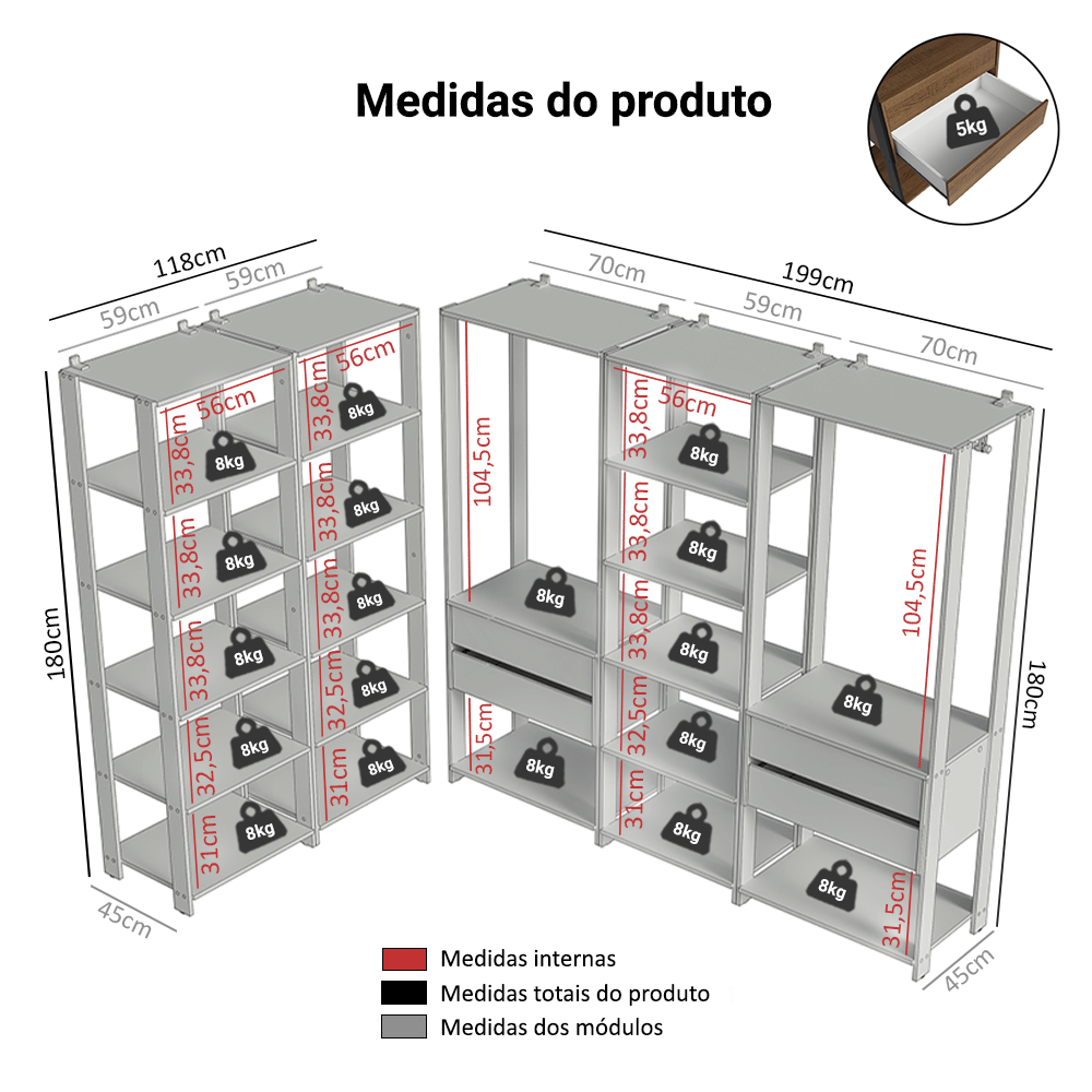 Guarda-Roupa Closet Modulado 4 Gavetas 317 cm Rustic/Preto Valencia Madesa