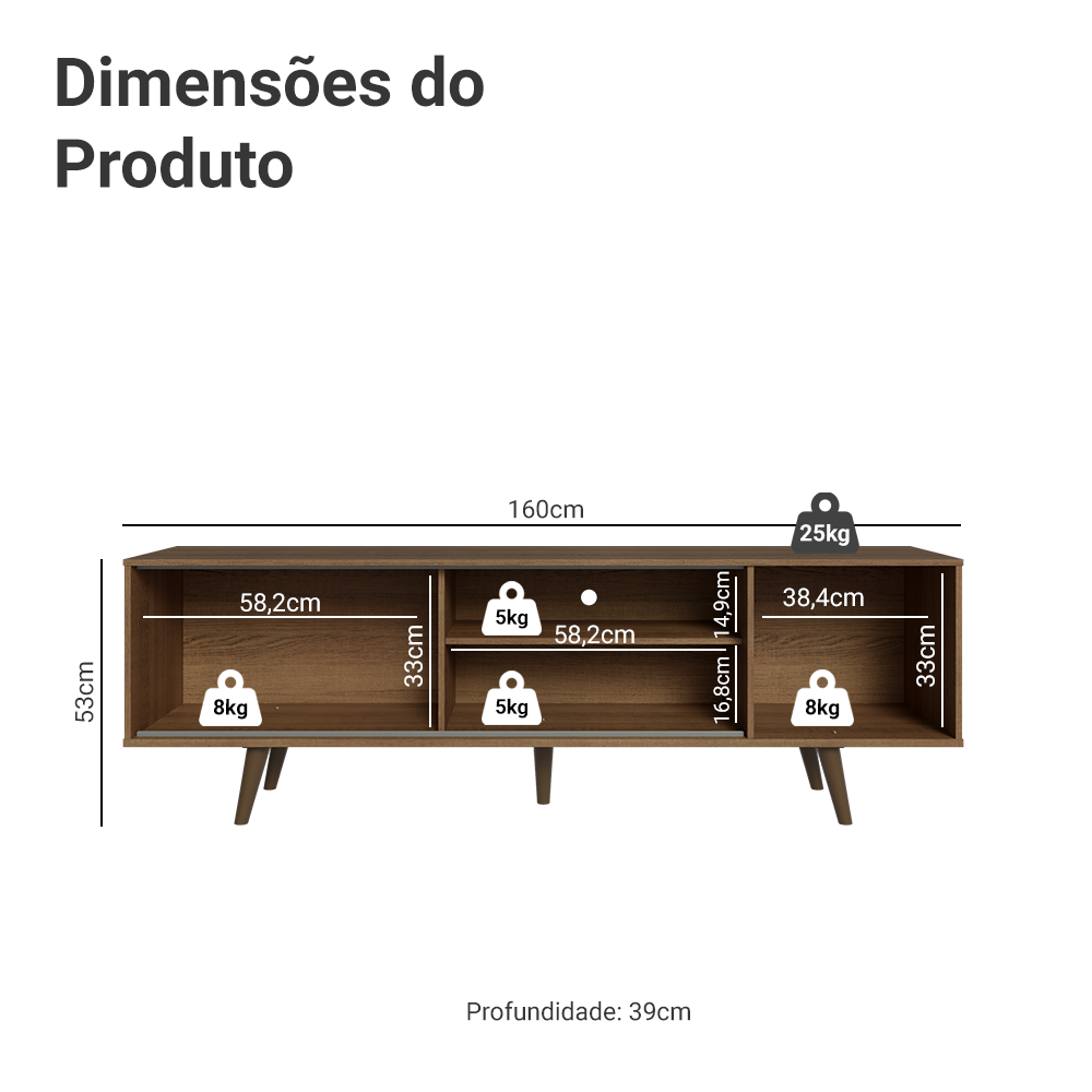 Rack para TV até 80 Polegadas 160cm com Pés Rustic Torino Madesa