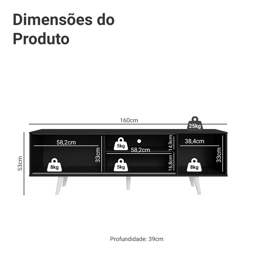 Rack para TV até 80 Polegadas 160cm com Pés Preto/Branco Torino Madesa
