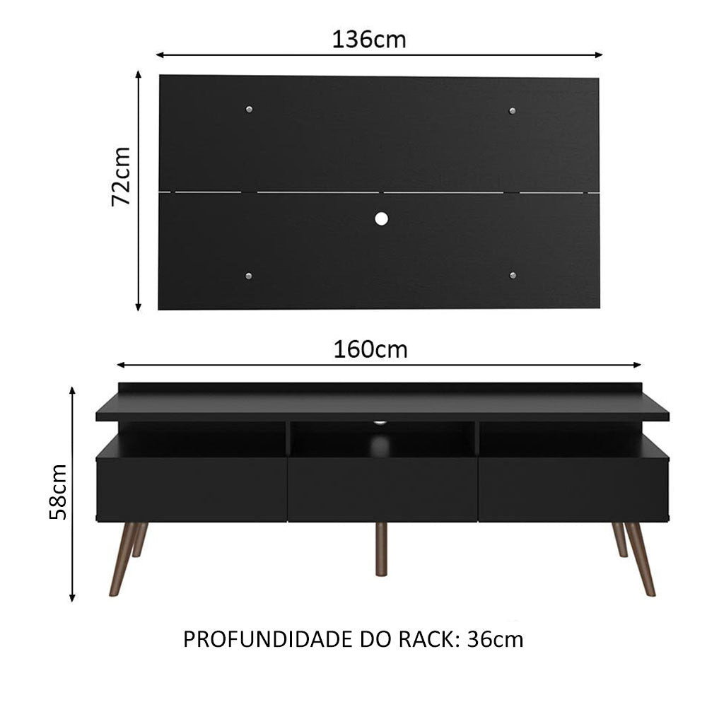 Rack Madesa Londres e Painel para TV até 55 Polegadas Preto