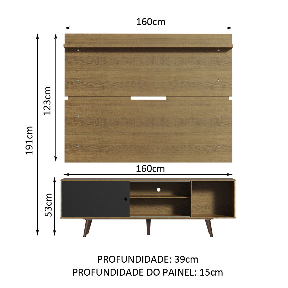 Rack Madesa Dubai e Painel para TV até 65 Polegadas com Pés Rustic/Preto 7K5Z