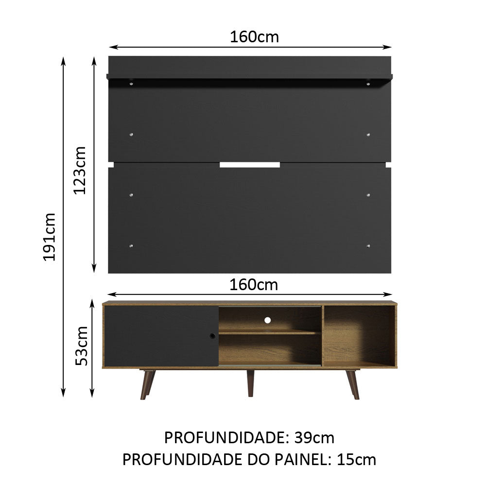 Rack Madesa Dubai e Painel para TV até 65 Polegadas com Pés Rustic/Preto 7KD8